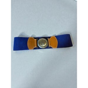 Vintage Liz Claiborne Belt Blue Stretch Gold Crest Buckle Size M/L Preppy 80s